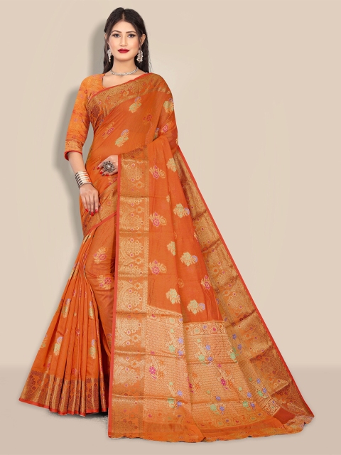 

Rivana Orange & Gold-Toned Woven Design Zari Pure Cotton Chanderi Saree