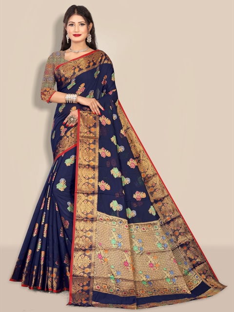 

Rivana Navy Blue & Red Floral Pure Cotton Chanderi Saree