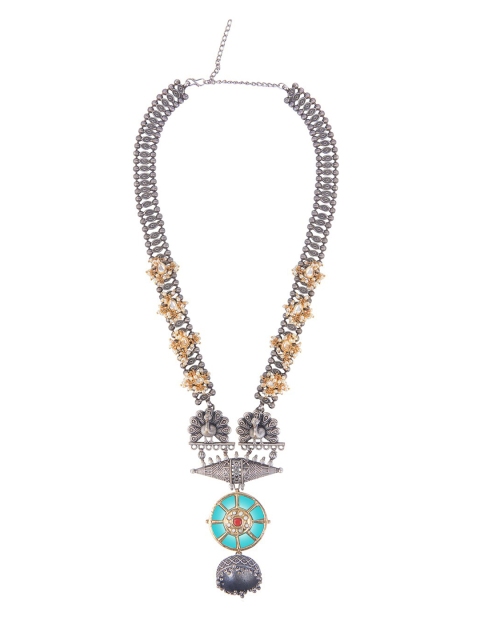 

CURIO COTTAGE Silver-Toned & Blue Silver-Plated Oxidised Necklace