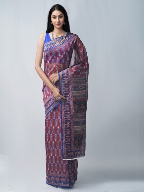 

Unnati Silks Maroon & Blue Ethnic Motifs Silk Cotton Chanderi Saree