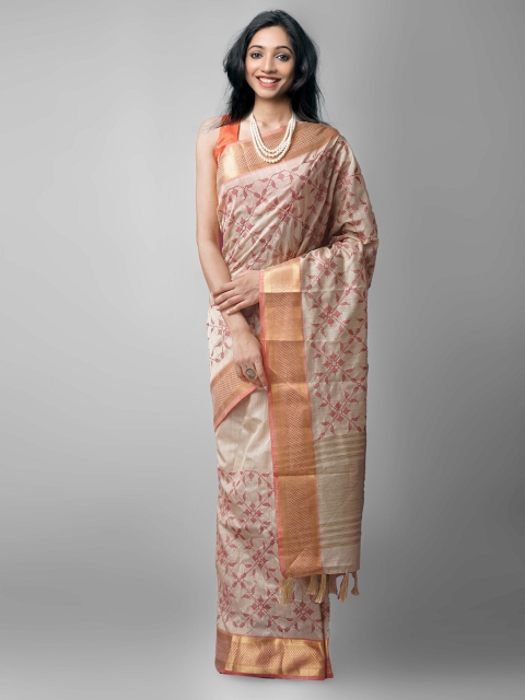 

Unnati Silks Cream-Coloured & Red Ethnic Motifs Silk Cotton Maheshwari Saree