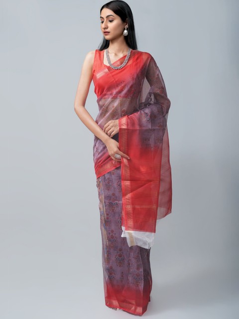 

Unnati Silks Purple & Blue Ethnic Motifs Zari Organza Block Print Saree