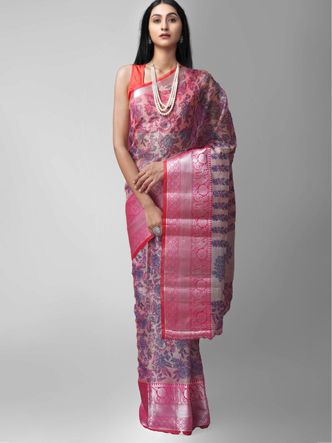 

Unnati Silks Pink & Purple Ethnic Motifs Tissue Banarasi Saree
