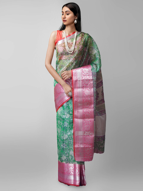 

Unnati Silks Green & Pink Floral Tissue Banarasi Saree