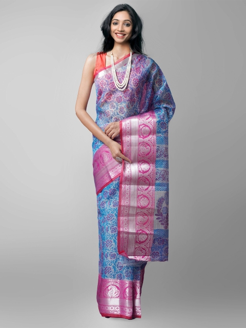 

Unnati Silks Blue & Pink Ethnic Motifs Zari Tissue Banarasi Saree