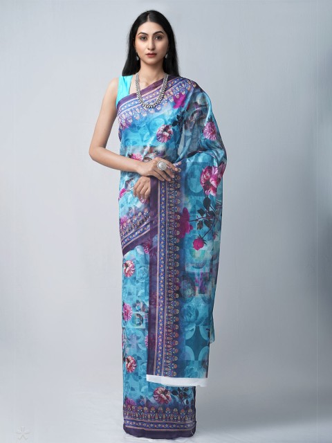 

Unnati Silks Blue & Pink Floral Silk Cotton Chanderi Saree
