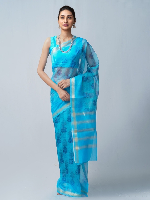 

Unnati Silks Blue & Silver-Toned Ethnic Motifs Zari Organza Block Print Saree