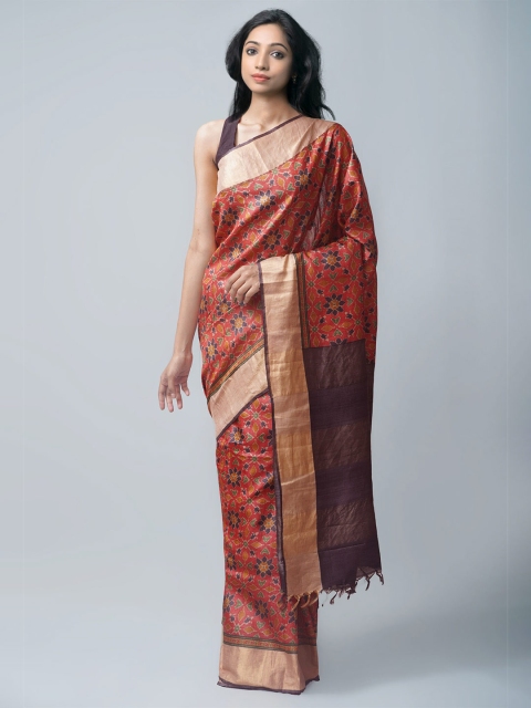 

Unnati Silks Red & Green Ethnic Motifs Pure Silk Tussar Saree
