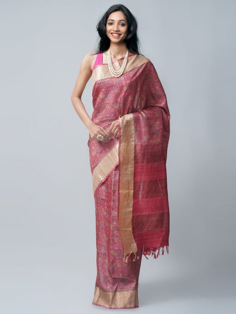 

Unnati Silks Pink & Gold-Toned Floral Zari Pure Silk Tussar Saree