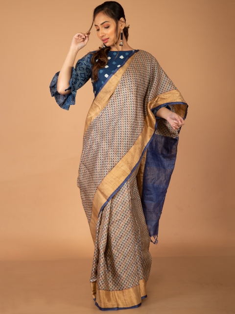 

Unnati Silks Cream-Coloured & Blue Ethnic Motifs Zari Pure Silk Tussar Saree