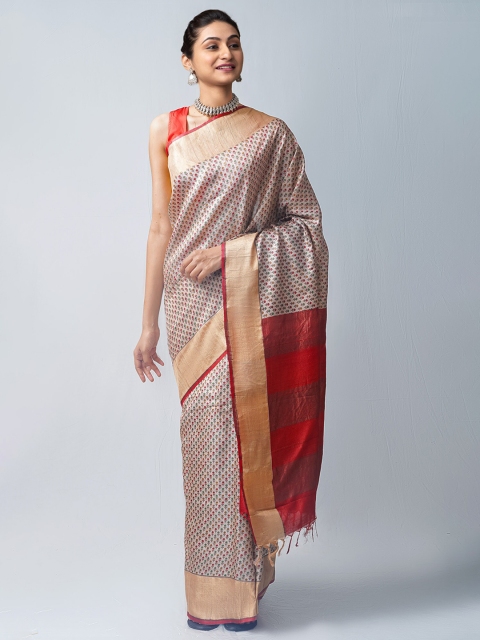 

Unnati Silks Cream-Coloured & Red Ethnic Motifs Zari Pure Silk Tussar Saree