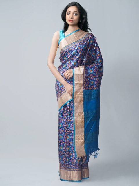 

Unnati Silks Navy Blue & Pink Floral Pure Silk Tussar Saree