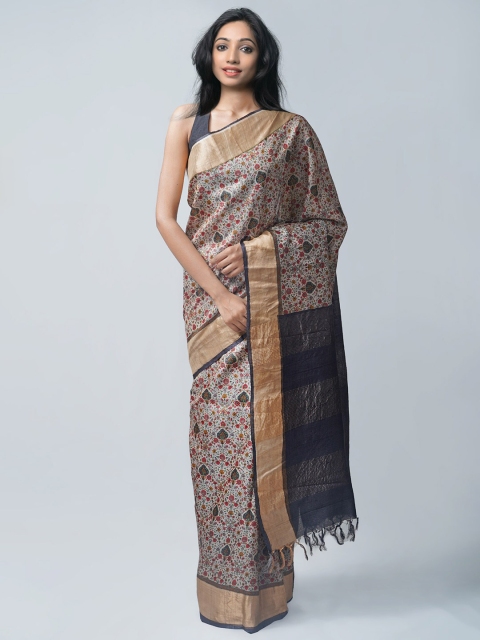 

Unnati Silks Grey & Green Ethnic Motifs Pure Silk Tussar Saree