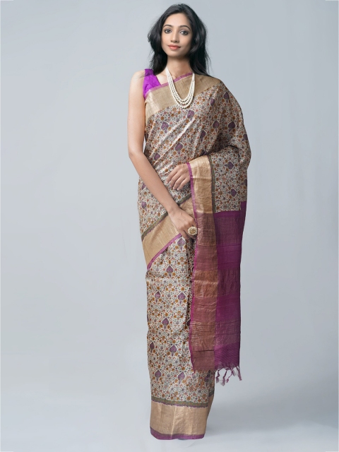

Unnati Silks Cream-Coloured & Purple Woven Design Zari Pure Silk Tussar Saree