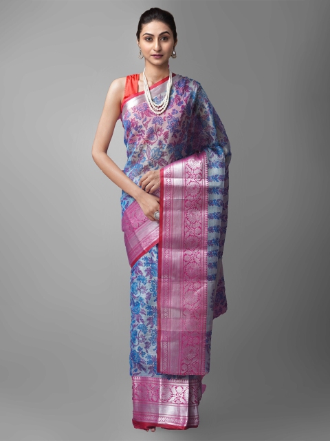 

Unnati Silks Blue & Silver-Toned Woven Design Tissue Banarasi Saree