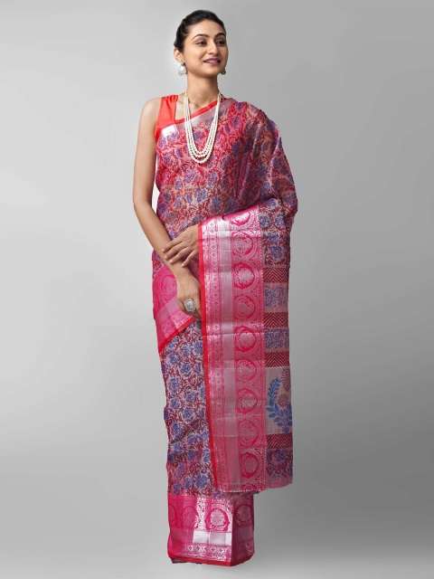 

Unnati Silks Pink & Blue Woven Design Tissue Banarasi Saree