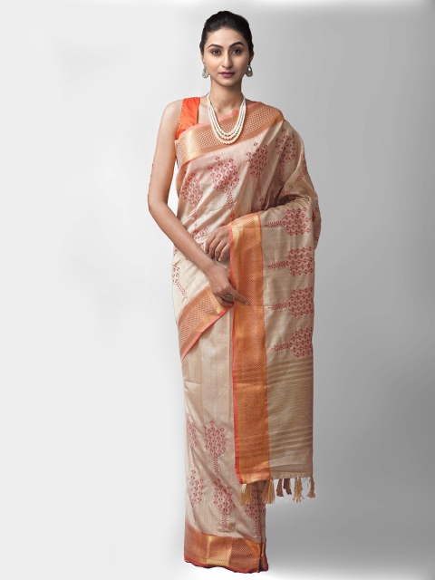 

Unnati Silks Cream-Coloured & Orange Embroidered Silk Cotton Saree