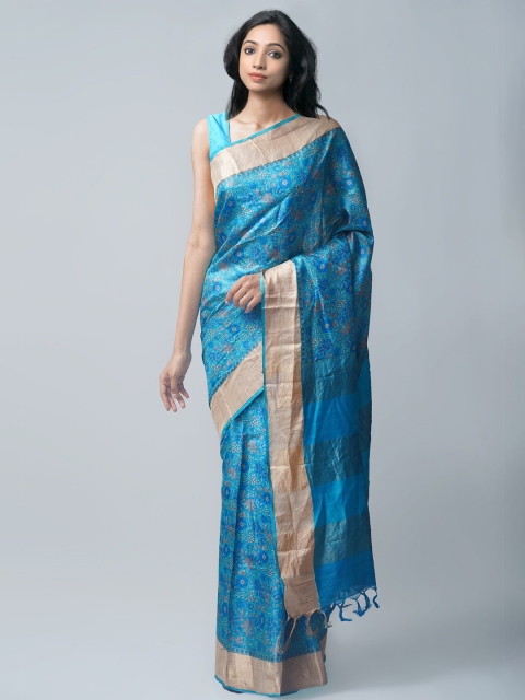 

Unnati Silks Blue & Gold-Toned Woven Design Zari Pure Silk Tussar Saree