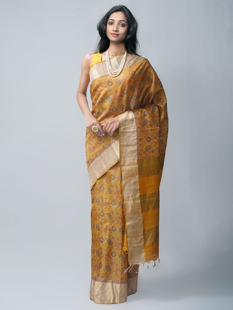 

Unnati Silks Yellow & Pink Ethnic Motifs Zari Pure Silk Tussar Saree