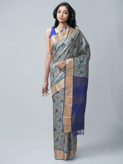 

Unnati Silks Blue & White Ethnic Motifs Zari Pure Silk Tussar Saree