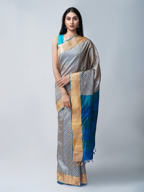 

Unnati Silks Cream-Coloured & Blue Woven Design Zari Pure Silk Tussar Saree