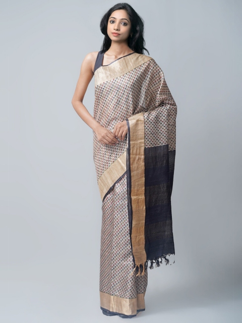 

Unnati Silks Cream-Coloured & Blue Ethnic Motifs Zari Pure Silk Tussar Saree