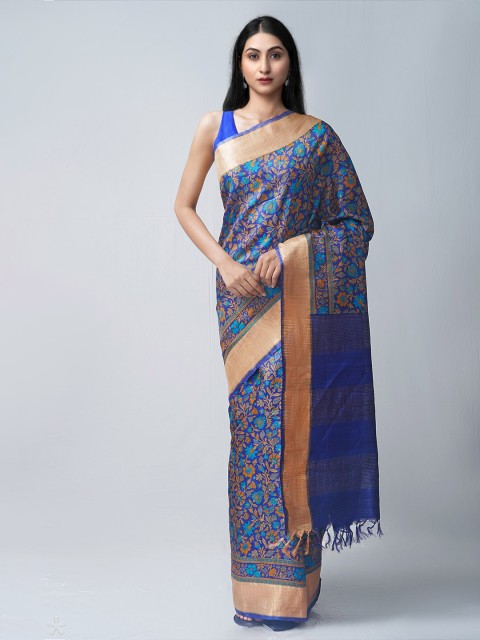 

Unnati Silks Navy Blue & Blue Ethnic Motifs Zari Pure Silk Tussar Saree
