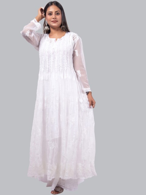 

FAWOMENT Women White Ethnic Motif Embroidered Thread Work Georgette Anarkali Kurta