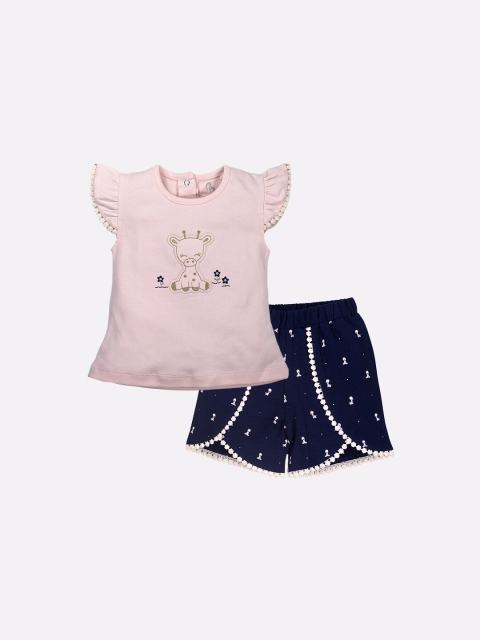

BABY GO Girls Peach-Coloured & Black Printed Pure Cotton Top with Shorts