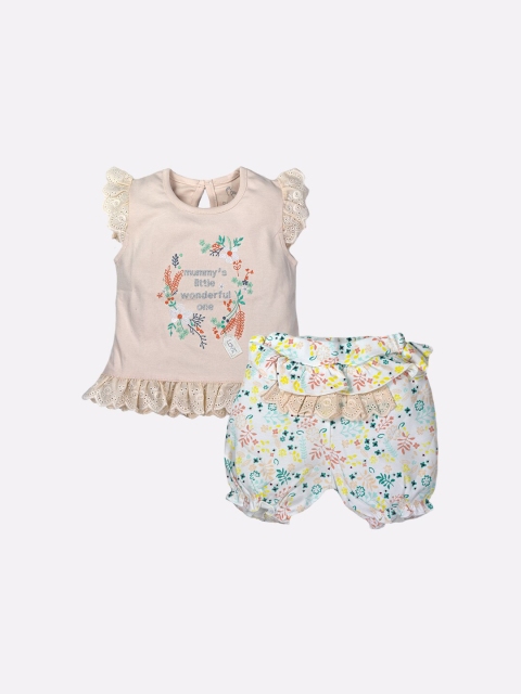

BABY GO Girls Peach-Coloured & Yellow Printed Top with Shorts