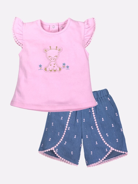 

BABY GO Girls Pink Printed Pure Cotton Top with Shorts