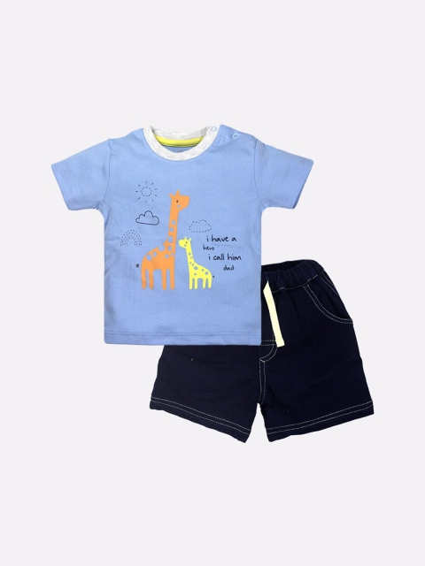 

BABY GO Boys Blue Printed Cotton T-shirt with Shorts