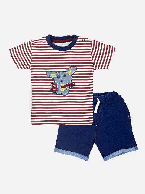 

BABY GO Boys Red & Navy Blue Striped T-shirt with Shorts