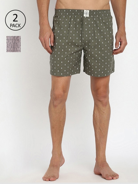 

abof Men Olive Green Printed Shorts