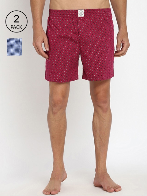 

abof Men Maroon and Blue Pack of 2 Printed Regular Fit Shorts