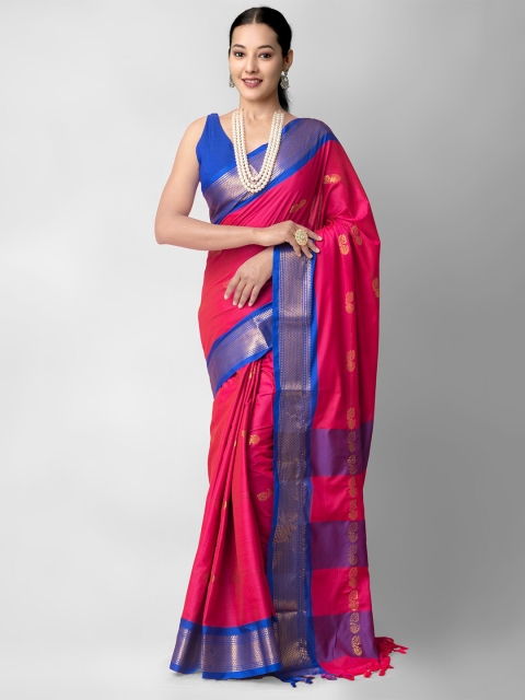

Unnati Silks Pink & Blue Woven Design Silk Blend Banarasi Saree