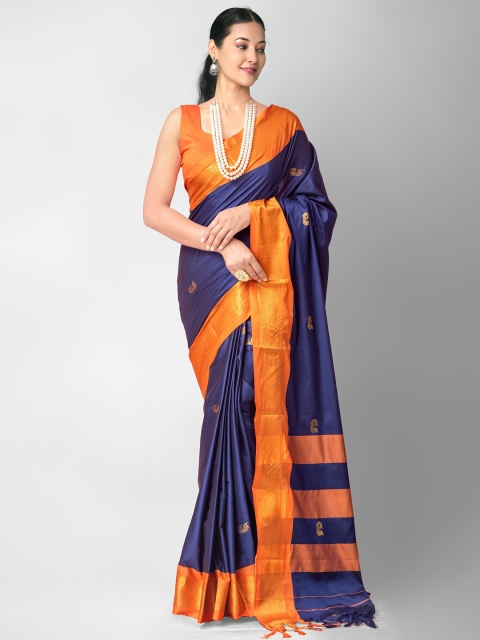 

Unnati Silks Navy Blue & Orange Woven Design Silk Blend Banarasi Saree