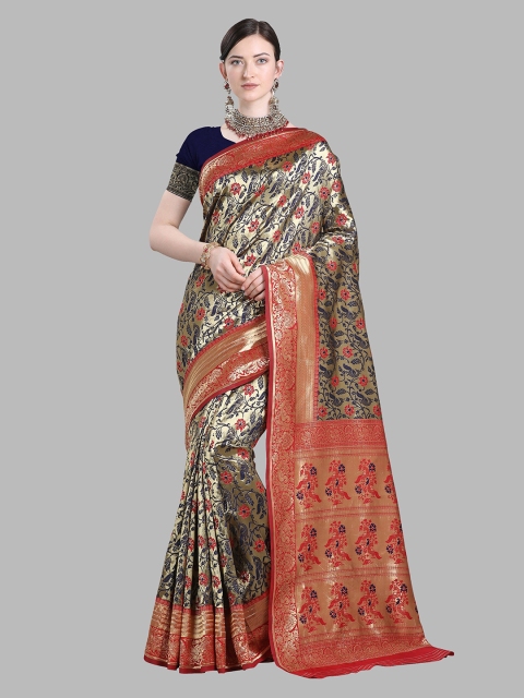 

Fashion Basket Blue & Orange Floral Zari Saree