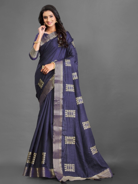 

Zombom Navy Blue & Gold-Toned Woven Design Zari Pure Silk Banarasi Saree