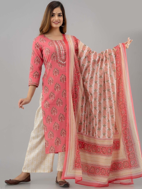 

GULMOHAR JAIPUR Women Peach-Coloured Ethnic Motifs Printed Pure Cotton Kurta Set & Dupatta