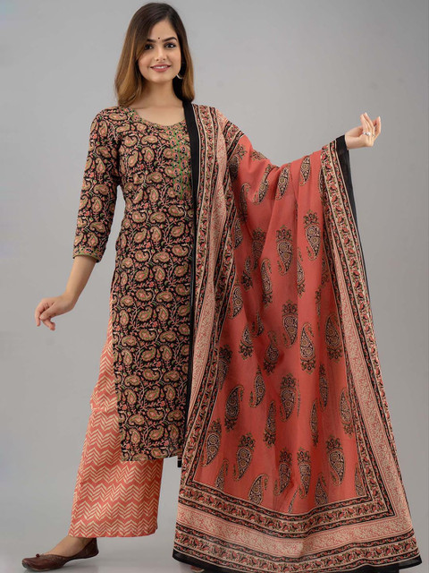 

GULMOHAR JAIPUR Women Black & Coral Ethnic Motifs Printed Pure Cotton Kurta Set
