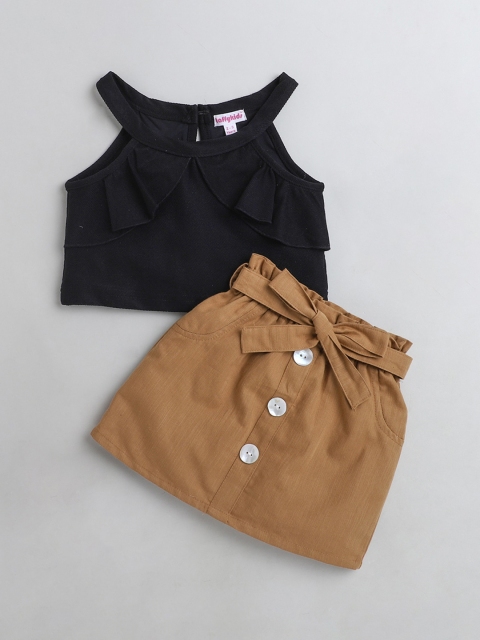 

taffykids Girls Black & Khaki Solid Linen Top with Skirt
