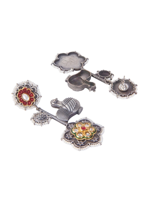 

CURIO COTTAGE Oxidised & Red Kundan and Pearls Embellished Drop Earrings