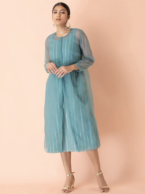 

Earthen BY INDYA Blue Striped Ethnic A-Line Midi Dress with Organza Jacket