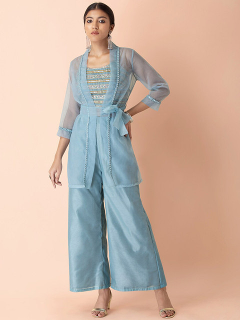 

Earthen BY INDYA Women Blue Embellished Top with Trousers