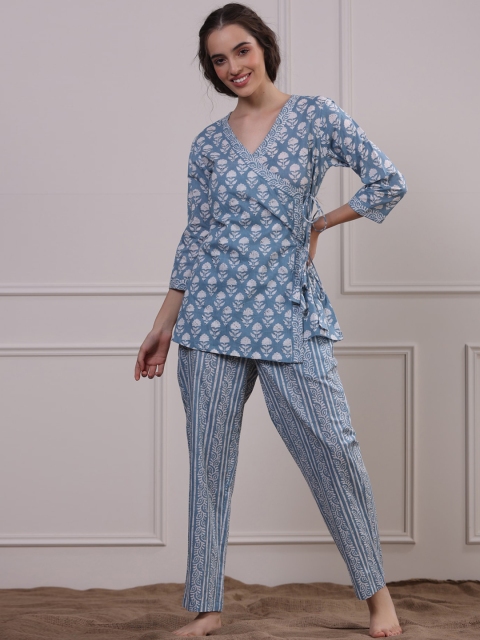 

JISORA Women Blue & White Printed Cotton Night Suit