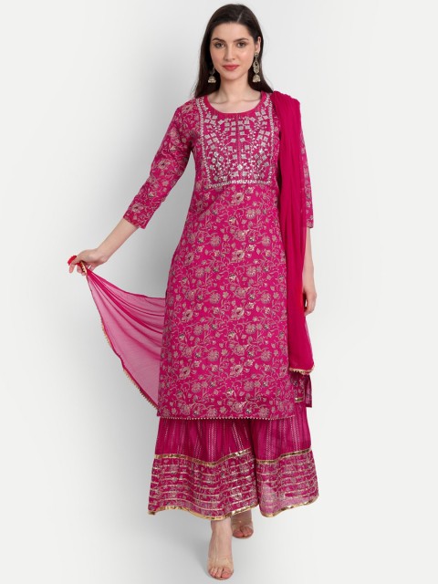 

SINGNI Women Pink Floral Embroidered Chanderi Cotton Kurta with Sharara & With Dupatta