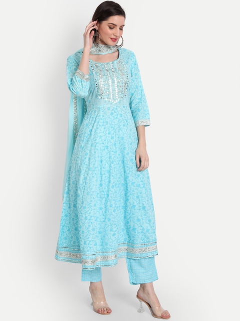 

SINGNI Women Turquoise Blue Floral Printed Mirror Work Kurta with Trousers