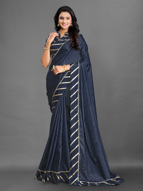 

Zombom Navy Blue & Gold-Toned Zari Pure Silk Banarasi Saree