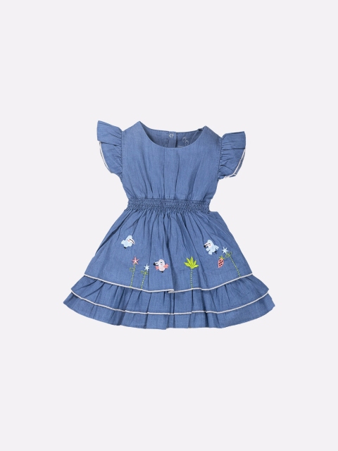 

BABY GO Girls Blue Floral Embroidered Cotton Dress